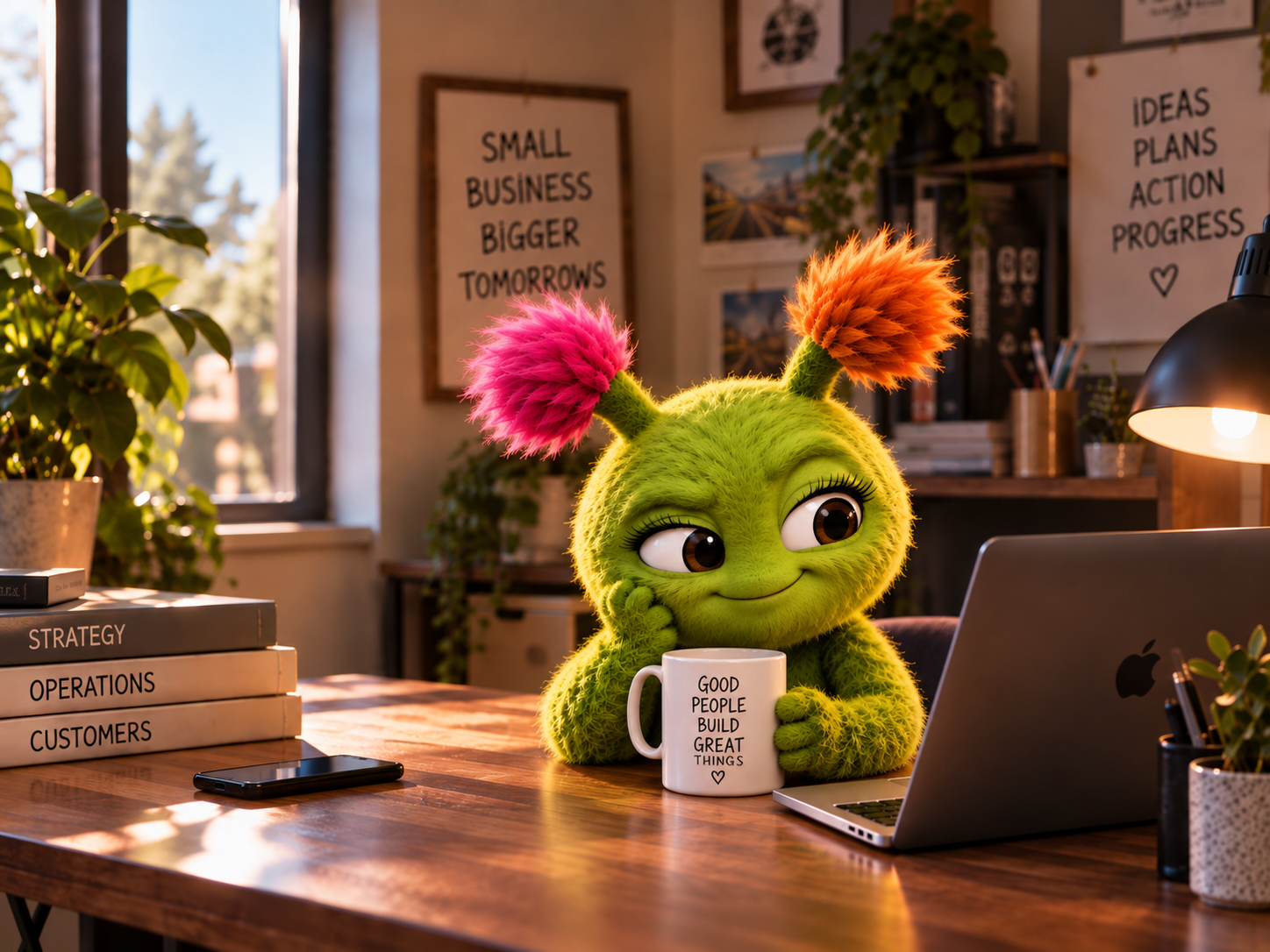 Milly, the green Milkweed character, holding a mug at a sunlit desk beside a laptop and business books