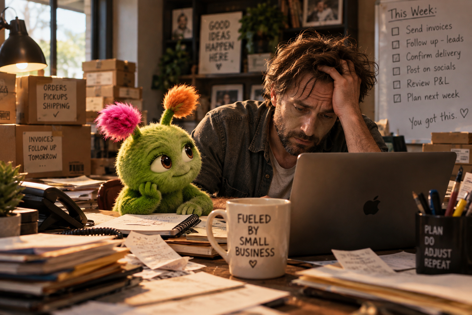 Milly sitting on the desk beside a tired small-business owner working at his laptop, surrounded by paperwork and shipping boxes